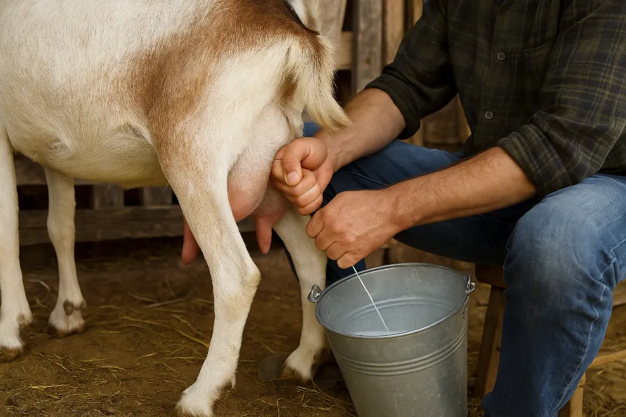 A_photograph_captures_a_farmer_milking_a_goat_duri