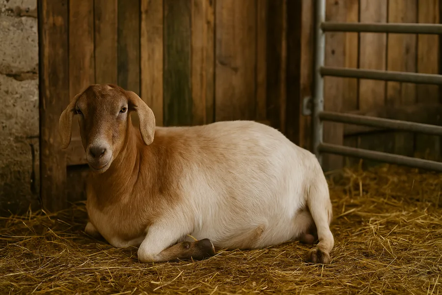 A_photograph_captures_a_pregnant_goat_resting_insi