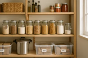 organized-pantry-shelves-with-jars,-containers,-and-bottles